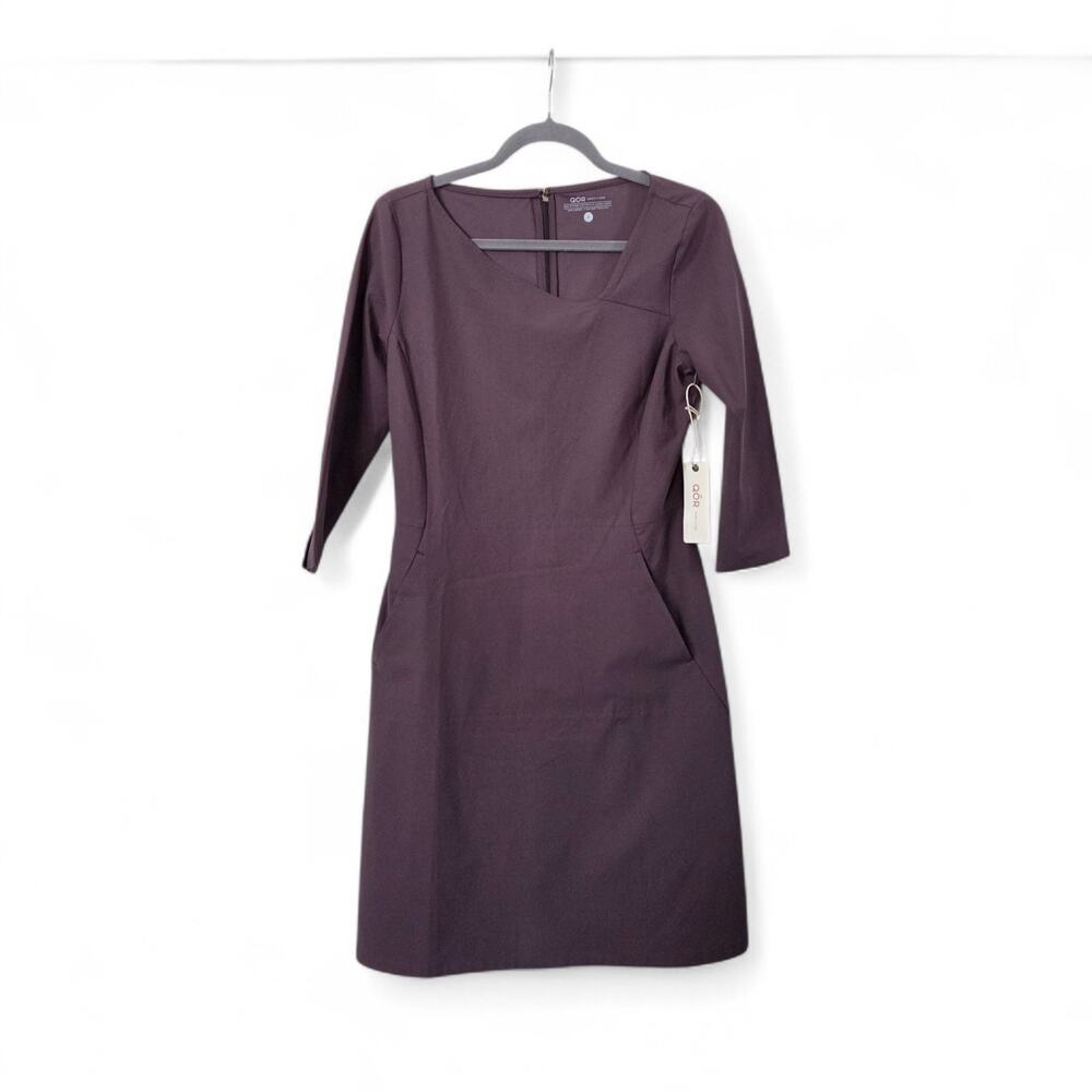 QOR Raisin Brown Asymmetrical Neckline 3/4 Sleeve Knee Length Dress NWT, Small